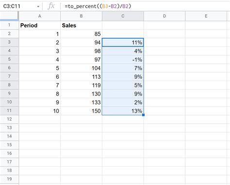 percent change formula google sheets  To calculate the percent change in Google Sheets, use the formula = (B-A)/A, where A is the original value and B is the new value